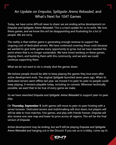 1047 games is ending support for the shooters splitgate arena reloaded and empulse