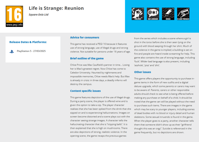 The pegi website found a listing for an unannounced life is strange about max and chloe