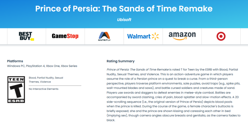 The remake of prince of persia sands of time has received an age rating from the esrb