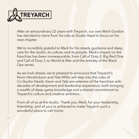 Treyarch head mark gordon leaves the studio