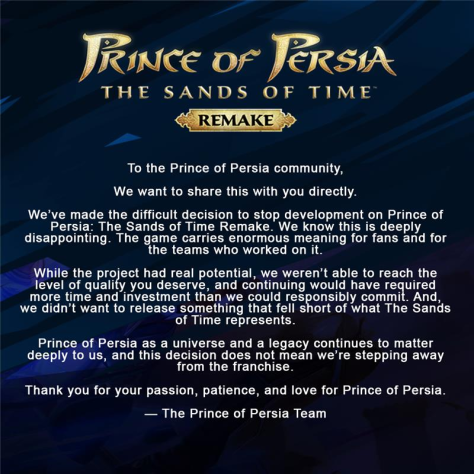 Ubisoft has canceled six games including the remake of prince of persia the sands of time