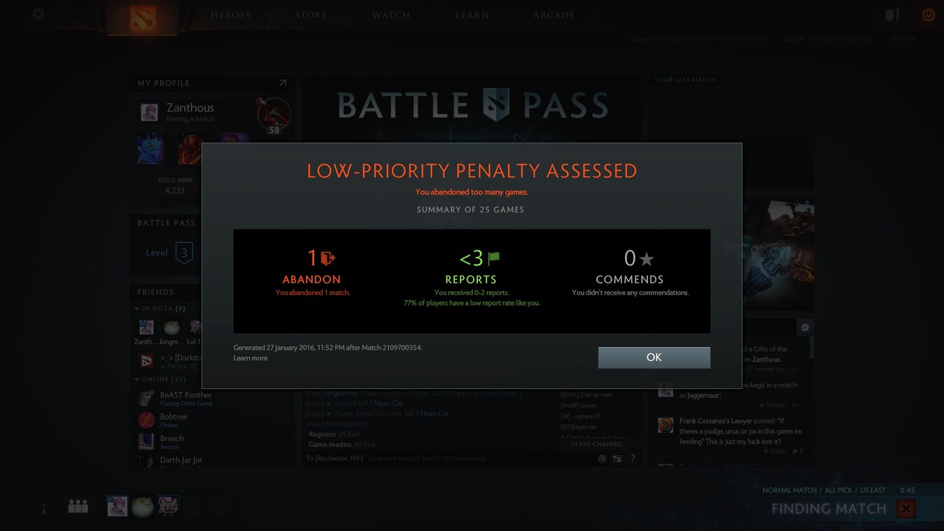 Virtuspro offlaner in dota 2 hits low priority for the first time in 10 years